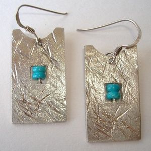 Sterling Silver Blue Bead Earrings Rectangle Handcrafted Pierced Dangle Art Deco